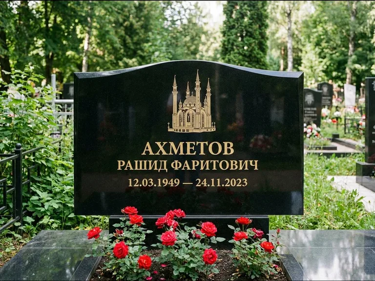 Мусульманский памятник с гравировкой мечети: широкая двойная семейная стела — золочёная гравировка мечети, цветник с красными розами, работа «Ахметов» в Москве