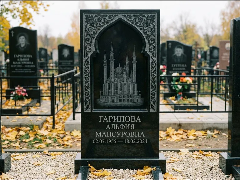 Мусульманский памятник с гравировкой мечети: фигурная стела с михраб-нишей — гравировка мечети в михраб-арке с орнаментом, светлая гравийная отсыпка, работа «Гарипова» в Москве