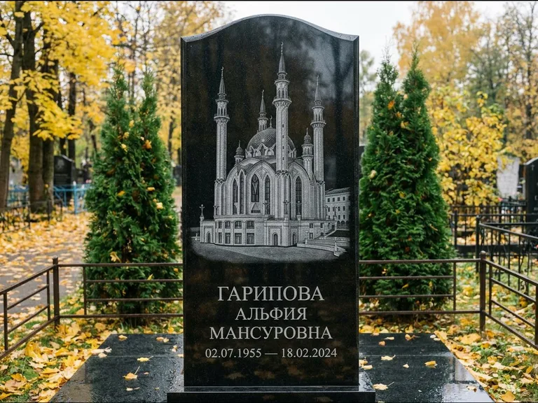 Мусульманский памятник с гравировкой мечети — мечеть Кул-Шариф на обороте стелы, работа «Гарипова» в Москве