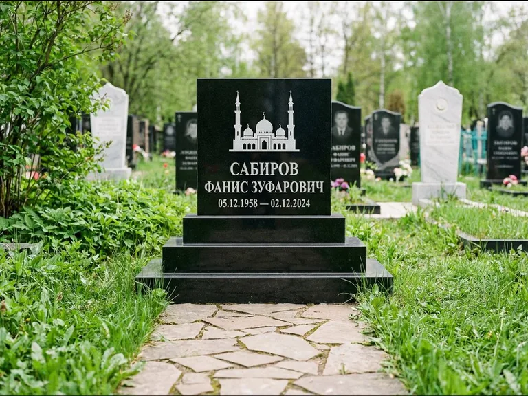 Мусульманский памятник с гравировкой мечети: ступенчатая трёхуровневая стела — золочёная гравировка мечети, дорожка из природного плитняка, работа «Юсупов» в Москве