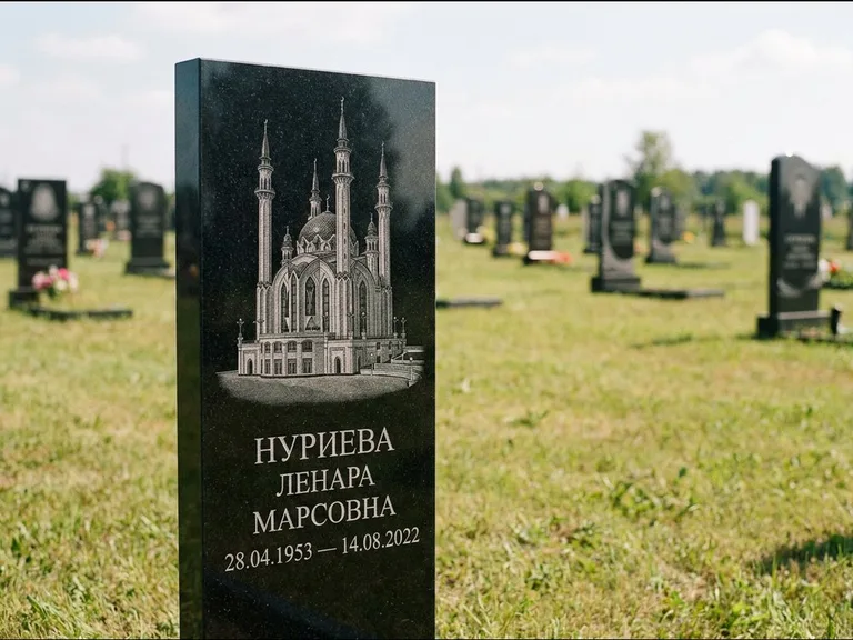 Мусульманский памятник с гравировкой мечети: узкая вертикальная стела-пилон — гравировка мечети в михраб-арке с орнаментом, открытая лужайка без ограды, работа «Хайруллина» в Москве