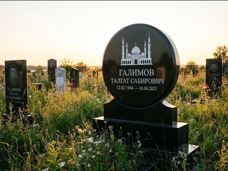 Мусульманский памятник с гравировкой мечети: округлая стела-медальон на тумбе — гравировка мечети в михраб-арке с орнаментом, луговые травы и полевые цветы, работа «Каримов» в Москве