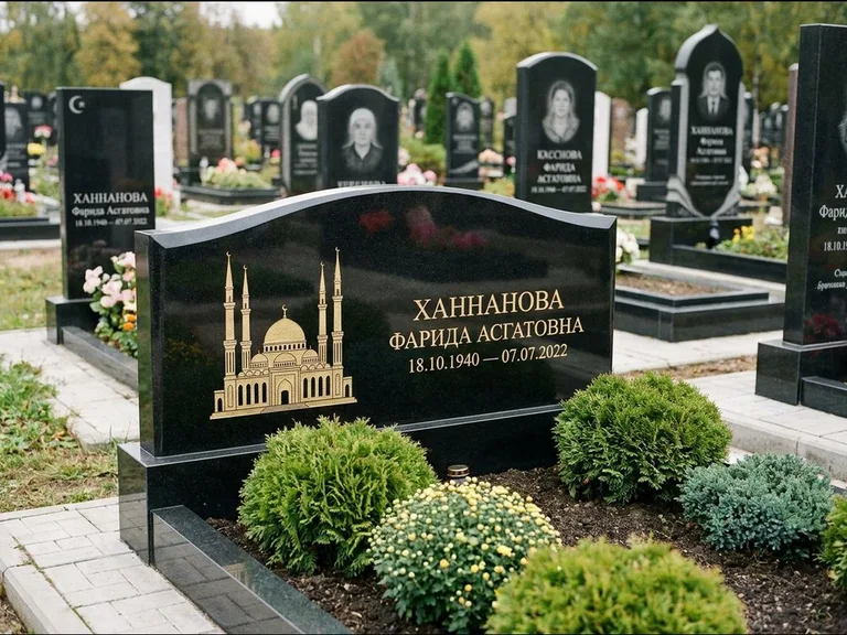 Мусульманский памятник с гравировкой мечети: вытянутая горизонтальная семейная стела с аркой — белая гравировка силуэта мечети с минаретами, участок с декоративными кустами, работа «Гарипова» в Москве