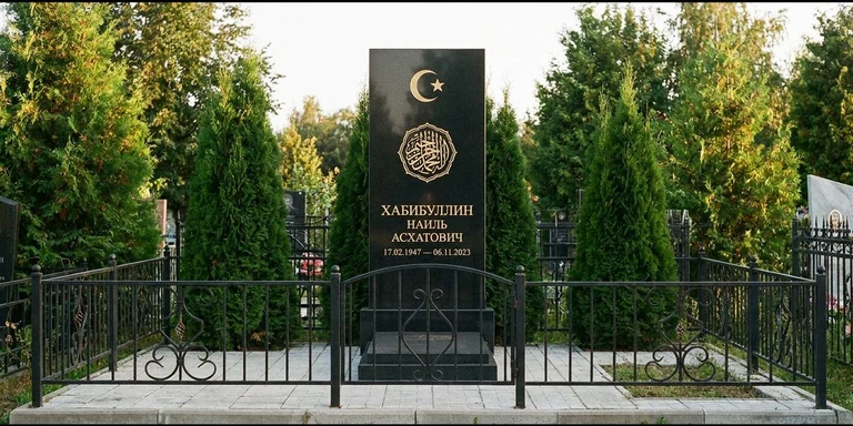 Гравировка на мусульманском памятнике в Москве — стела из чёрного гранита, оформление по канонам ислама