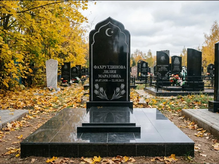 Мусульманский памятник: стела с михраб-навершием в форме арки — гравировка минарета с полумесяцем, гранитный цоколь с тёмной плиткой, работа «Фахрутдинова» в Москве