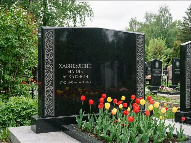 Мусульманский памятник: широкая двойная семейная стела — золочёная гравировка мечети, цветник с тюльпанами, работа «Хабибуллин» в Москве