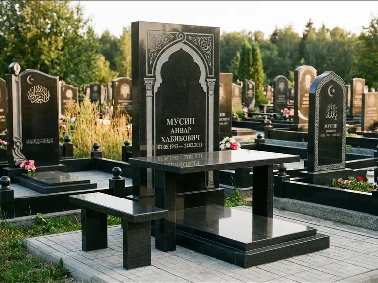Мусульманский памятник: стела с гранитным столиком и скамьёй — гравировка мечети под полумесяцем и звёздами, семейный участок с плиткой, работа «Гимаев» в Москве