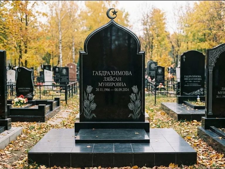 Мусульманский памятник: массивная стела с михраб-навершием — белая гравировка силуэта мечети с минаретами, цоколь тёмной плиткой, работа «Магомедова» в Москве