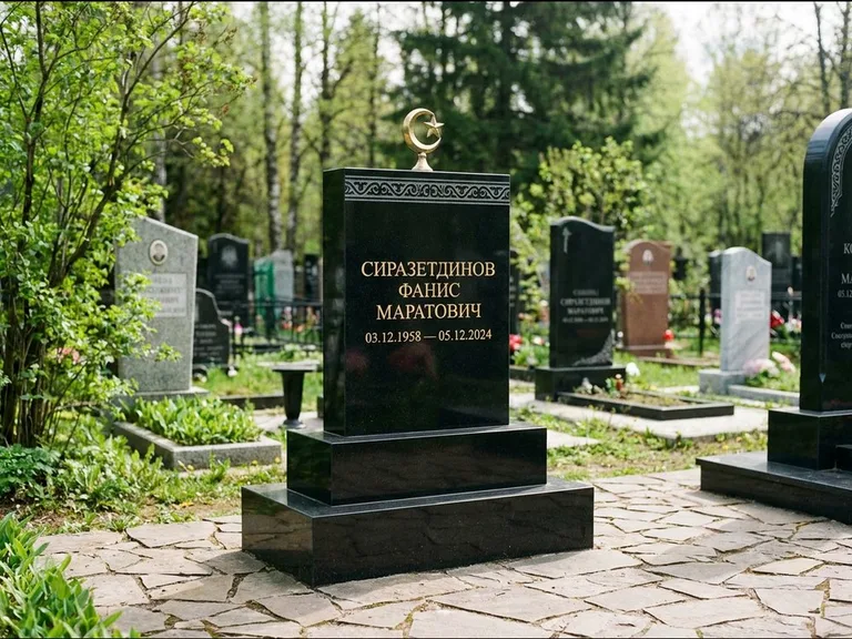 Мусульманский памятник: ступенчатая трёхуровневая стела — золочёная гравировка мечети, дорожка из природного плитняка, работа «Мустафин» в Москве