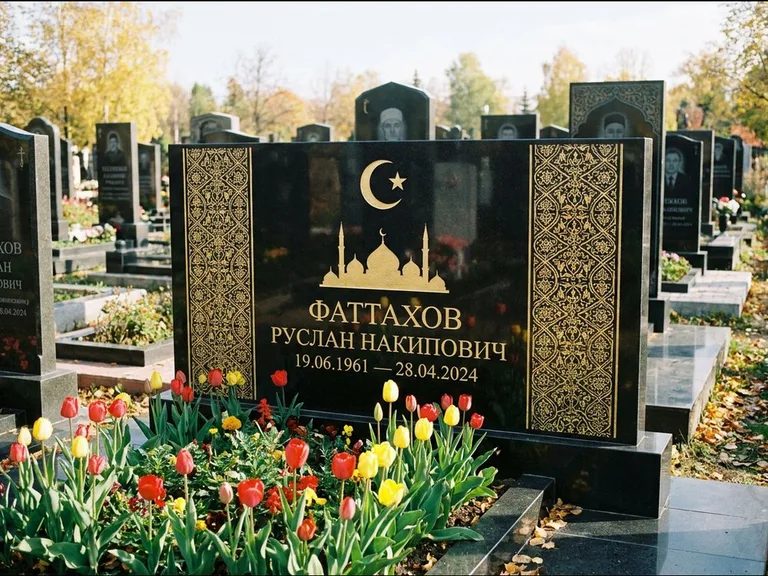Мусульманский памятник: широкая панорамная стела с золочёным орнаментом — гравировка минарета с полумесяцем, цветник с тюльпанами, работа «Сулейманов» в Москве