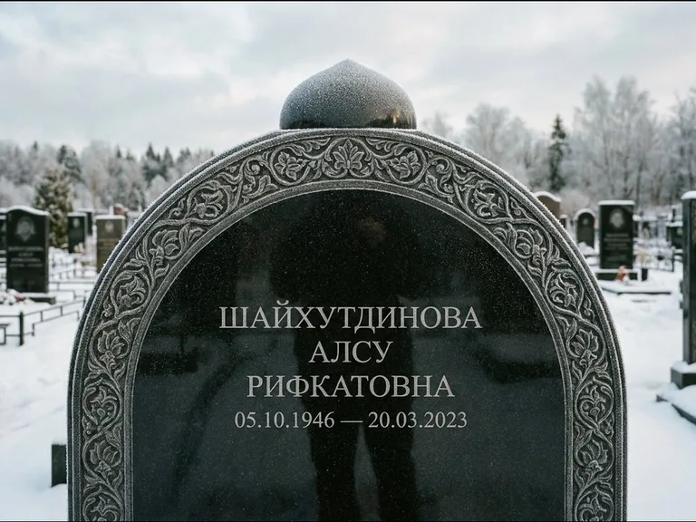 Мусульманский памятник: полукруглая стела с купольным навершием — гравировка мечети под полумесяцем и звёздами, заснеженный зимний участок, работа «Ганиева» в Москве