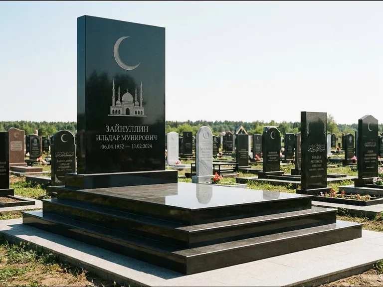 Мусульманский памятник: массивная стела на ступенчатом постаменте — гравировка мечети под полумесяцем и звёздами, гранитная площадка без ограды, работа «Хабибуллин» в Москве