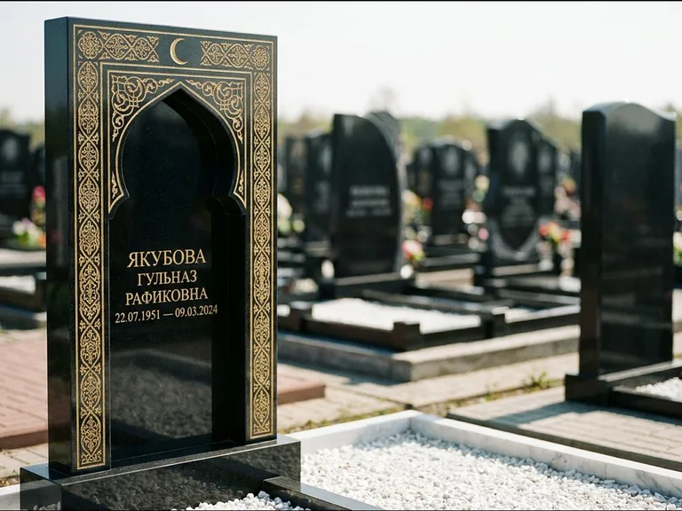 Мусульманский памятник: стела в форме михраба с глубокой нишей и золочёным орнаментом — детализированная гравировка мечети Кул-Шариф, участок с белой мраморной крошкой, работа «Мустафин» в Москве