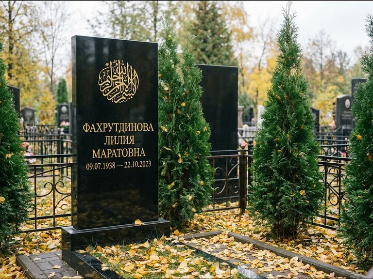 Мусульманский памятник — шахада в верхней части стелы, работа «Фахрутдинова» в Москве