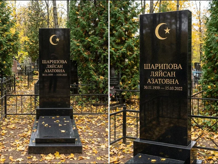 Памятник с гравировкой полумесяца — золочёная гравировка полумесяца со звездой в верхней части с, работа «Шарипова» в Москве