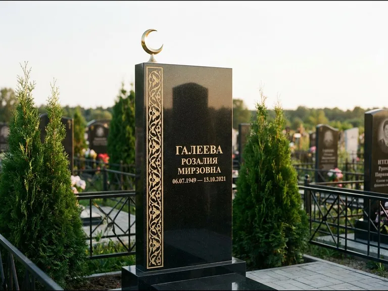 Памятник с гравировкой полумесяца — золочёный полумесяц и колонна растительного орнамента-ислими, работа «Галеева» в Москве