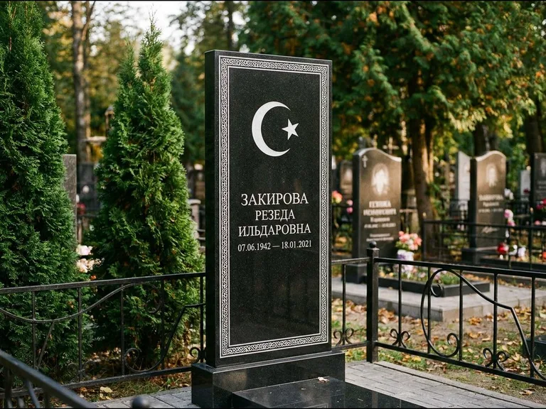 Памятник с гравировкой полумесяца — строгая белая гравировка полумесяца со звездой и орнаменталь, работа «Закирова» в Москве