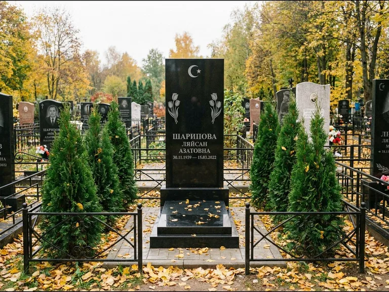 Памятник с гравировкой полумесяца — гравировка полумесяца со звездой и тюльпанами по бокам, работа «Шарипова» в Москве