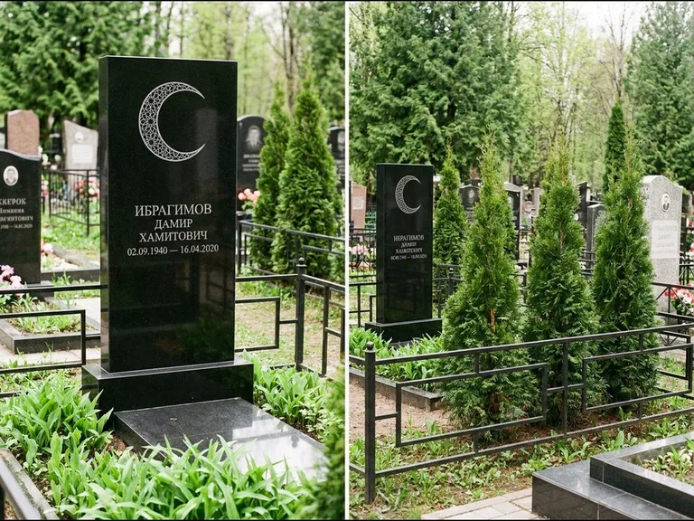 Памятник с гравировкой полумесяца — гравировка полумесяца в геометрическом орнаменте-гирихе, работа «Ибрагимов» в Москве
