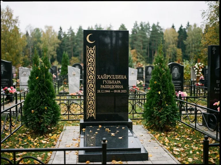 Памятник с гравировкой полумесяца — золочёный полумесяц и колонна растительного орнамента-ислими, работа «Хайруллина» в Москве