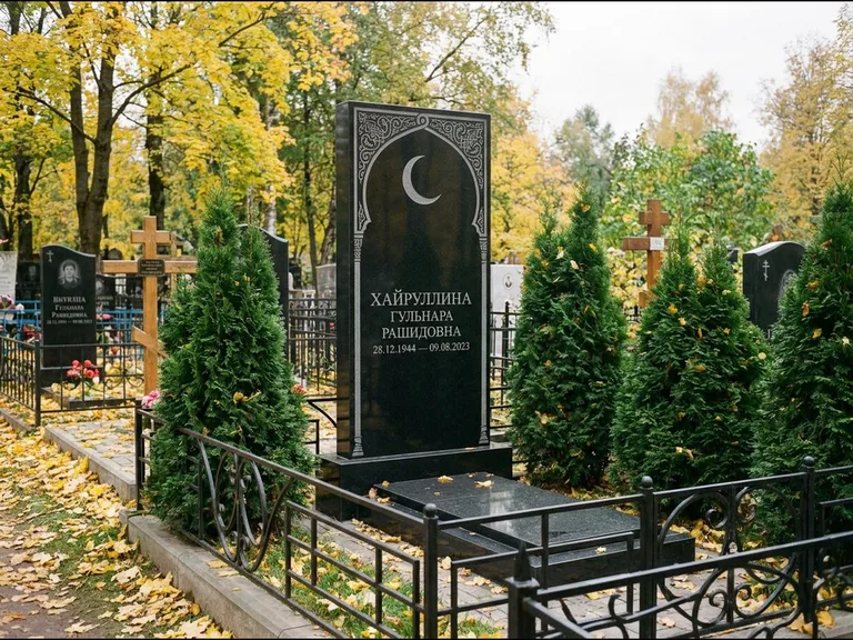 Памятник с гравировкой полумесяца — гравировка полумесяца в восточной арке с орнаментом, работа «Хайруллина» в Москве