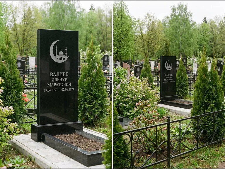 Памятник с гравировкой полумесяца — гравировка полумесяца над силуэтом мечети, работа «Валиев» в Москве