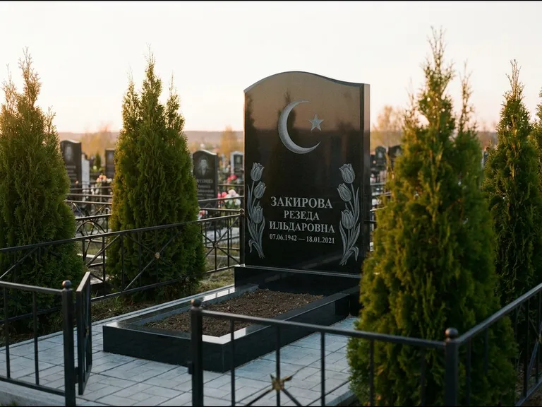 Памятник с гравировкой полумесяца — гравировка полумесяца со звездой и тюльпанами по бокам, работа «Закирова» в Москве