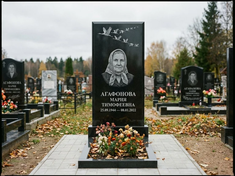 Гравировка журавлей на памятник в Москве — памятник из чёрного гранита с гравировкой