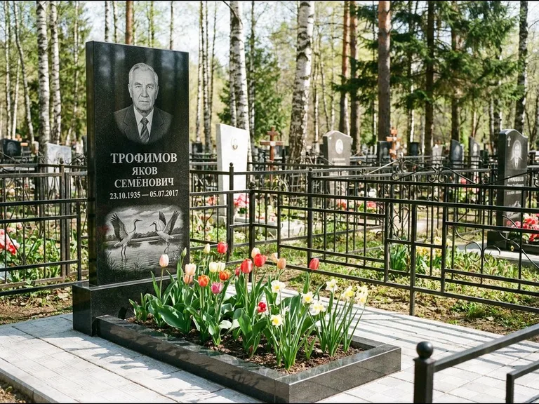 Памятник с гравировкой журавлей — гравировка пары журавлей над гладью озера в нижней части, работа «Трофимов» в Москве