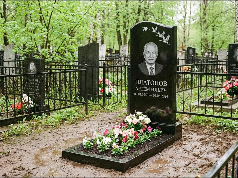 Памятник с гравировкой журавлей — белая гравировка клина журавлей, уходящего в верхний угол ст, работа «Платонов» в Москве