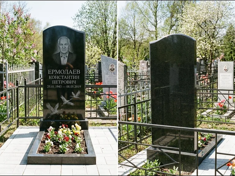 Памятник с гравировкой журавлей — гравировка трёх журавлей по диагонали через свободное поле с, работа «Ермолаев» в Москве