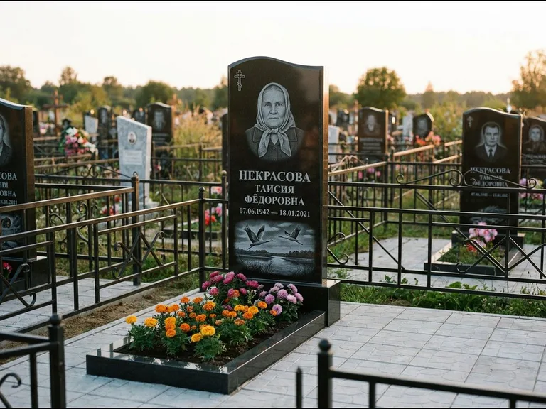 Памятник с гравировкой журавлей — гравировка пары журавлей над гладью озера в нижней части, работа «Некрасова» в Москве