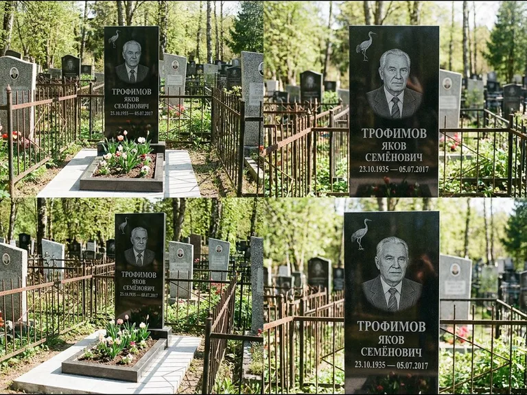 Памятник с гравировкой журавлей — гравировка одиночного летящего журавля над портретом, работа «Трофимов» в Москве
