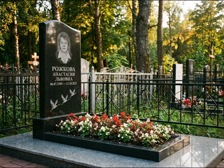 Памятник с гравировкой журавлей — гравировка трёх журавлей по диагонали через свободное поле с, работа «Рожкова» в Москве