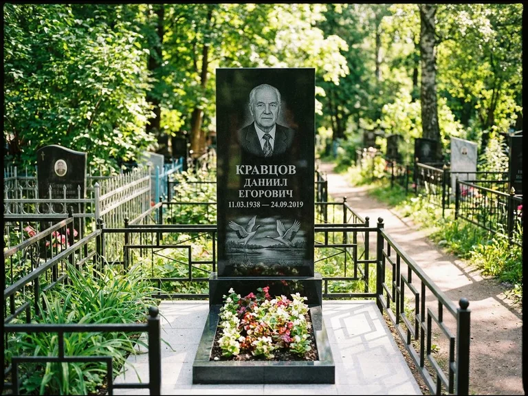 Памятник с гравировкой журавлей — гравировка пары журавлей над гладью озера в нижней части, работа «Кравцов» в Москве