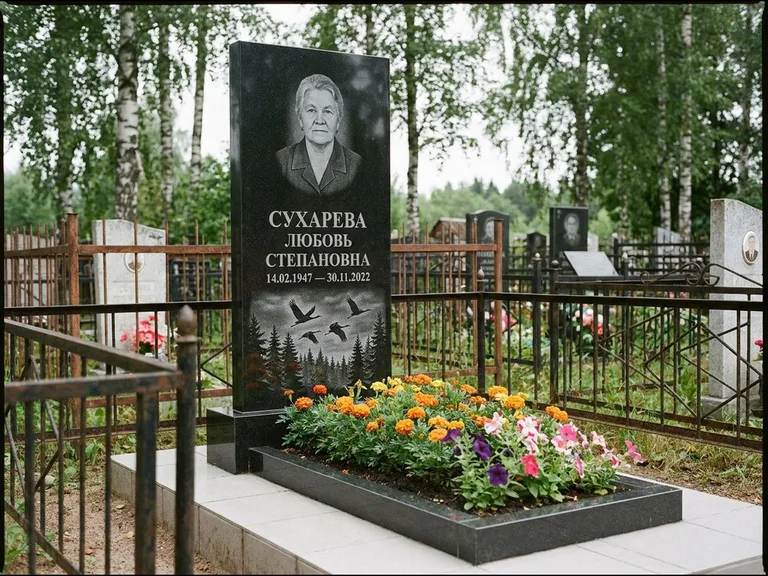 Памятник с гравировкой журавлей — гравировка силуэтов журавлей над еловым лесом, работа «Сухарева» в Москве