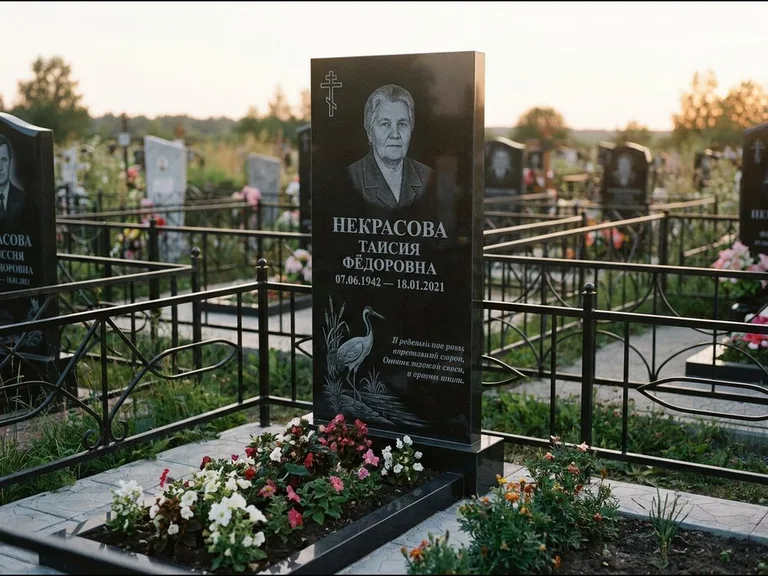 Памятник с гравировкой журавлей — гравировка журавля у камышей рядом с эпитафией, работа «Некрасова» в Москве