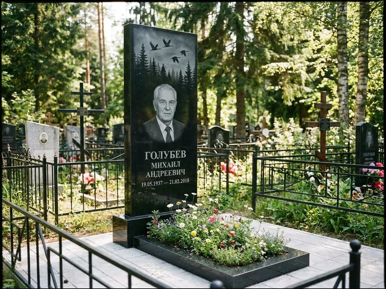 Памятник с гравировкой журавлей — гравировка силуэтов журавлей над еловым лесом, работа «Голубев» в Москве
