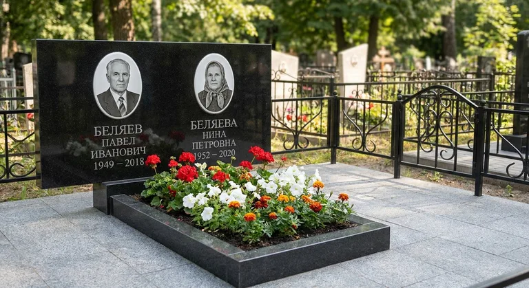 Семейный (двойной) памятник, Пример гранитного памятника и благоустройства участка от мастерской «Мастер Каменев»