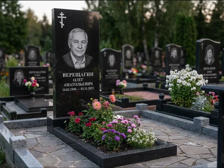 Памятник из чёрного гранита — горизонтальная плита-стела с православным восьмиконечным крестом, работа «Тихонов» в Москве