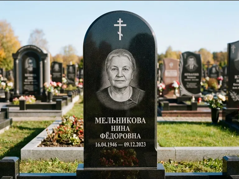 Памятник из чёрного гранита — стела с резным навершием с латинским крестом, работа «Савельева» в Москве