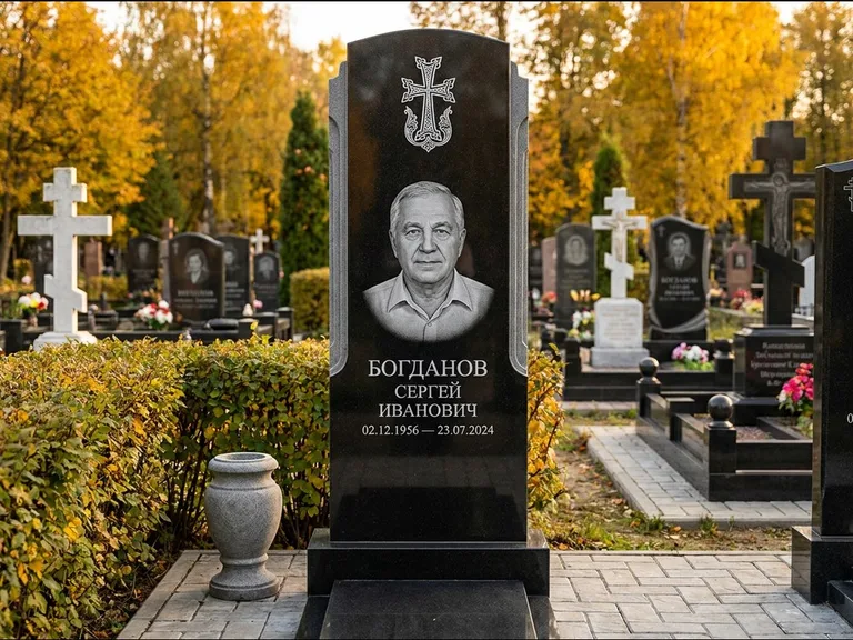 Памятник из чёрного гранита — круглая стела-медальон с армянским хачкаром, работа «Ковалёв» в Москве