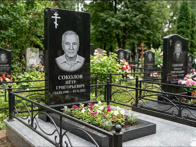 Памятник из чёрного гранита — стела с арочным верхом с православным восьмиконечным крестом, работа «Ковалёв» в Москве