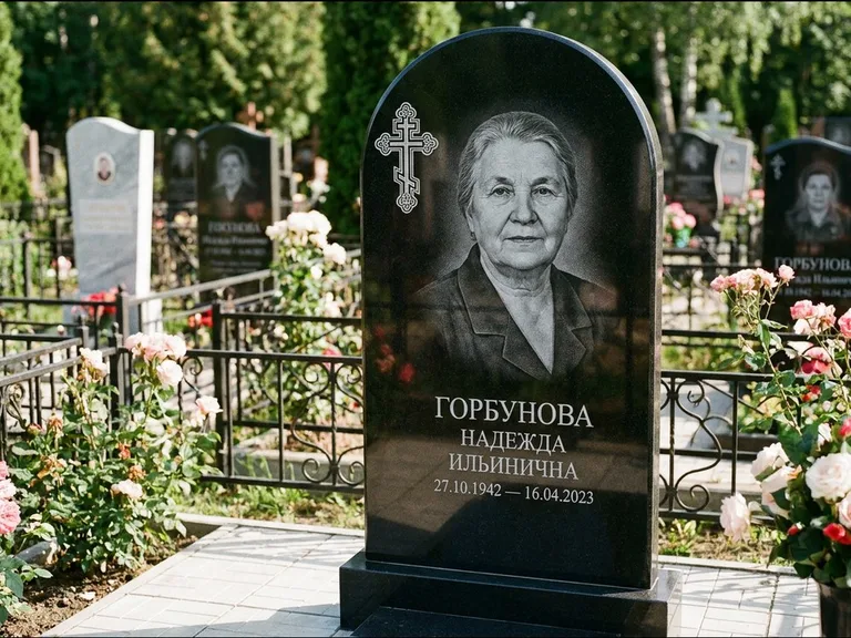 Памятник из чёрного гранита — стела с боковой колонной с крестом в лучах, работа «Мельникова» в Москве