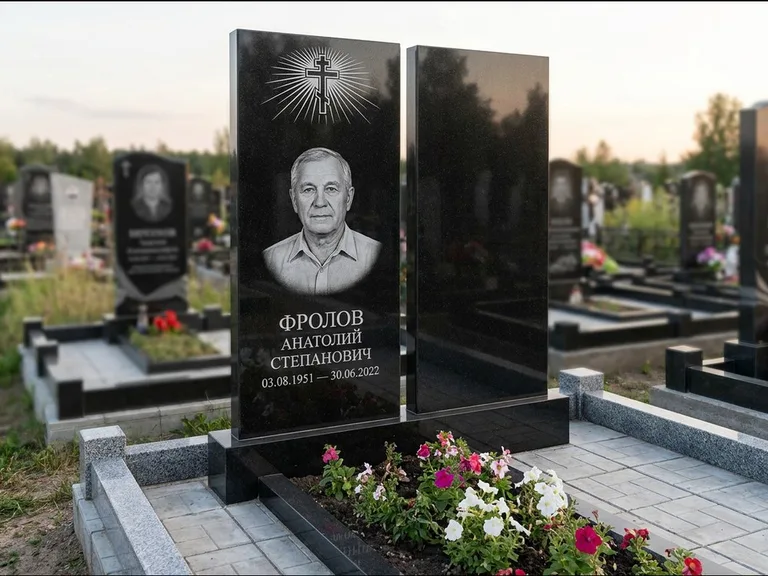 Памятник из чёрного гранита — стела на ступенчатом постаменте с золочёным крестом, работа «Богданов» в Москве