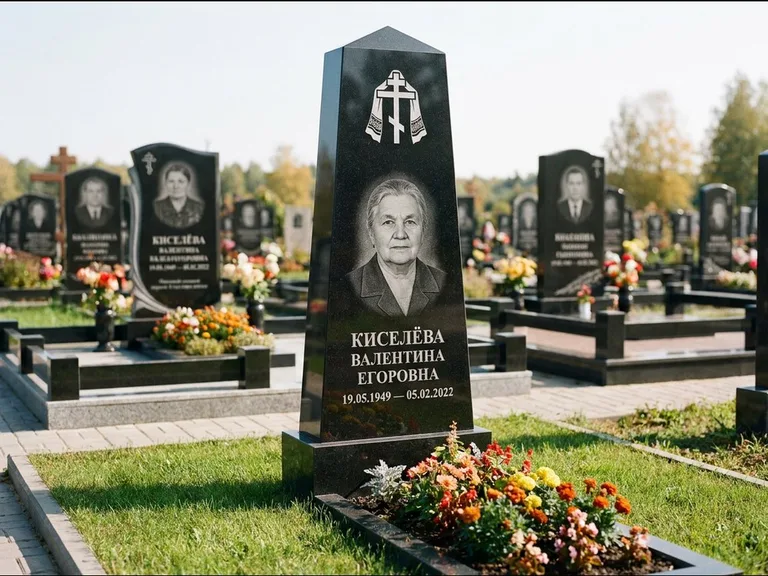 Памятник из чёрного гранита — стела со скошенным верхом с ажурным резным крестом, работа «Селезнёва» в Москве