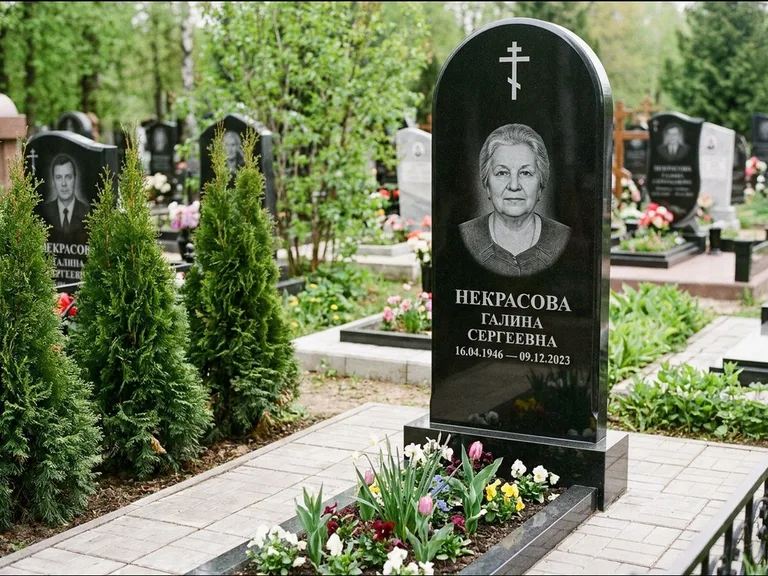 Памятник из чёрного гранита — стела с цветником-плитой с латинским крестом, работа «Лаврентьева» в Москве