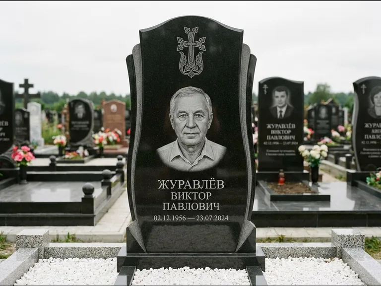 Памятник из чёрного гранита — панорамная стела с армянским хачкаром, работа «Тихонов» в Москве