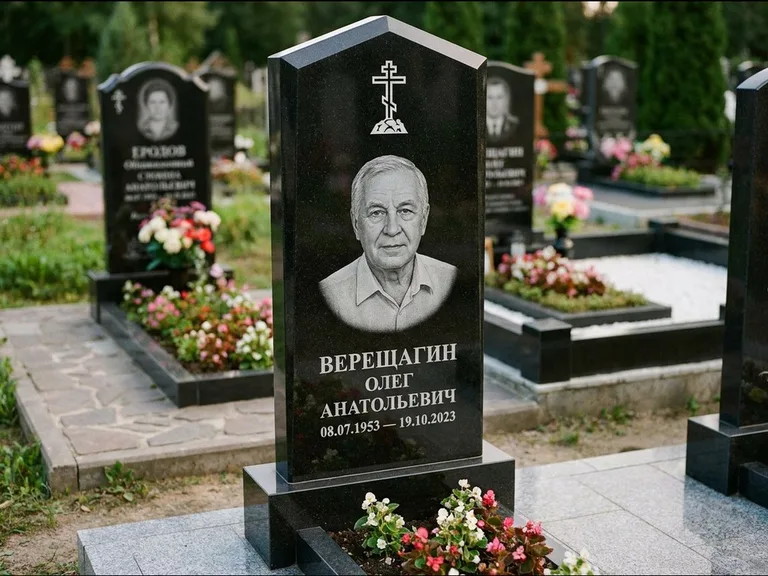 Памятник из чёрного гранита — обелиск-колонна с крестом на Голгофе, работа «Ковалёв» в Москве
