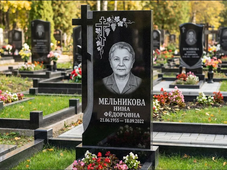 Памятник из чёрного гранита — стела с резной рамкой с крестом с распятием, работа «Некрасова» в Москве